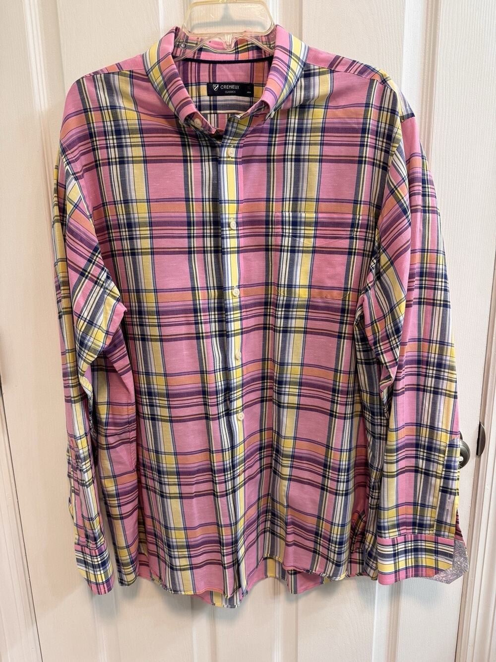 Cremieux Men’s Button Shirt XL Pink Blue Long Sleeve Cotton Linen Blend